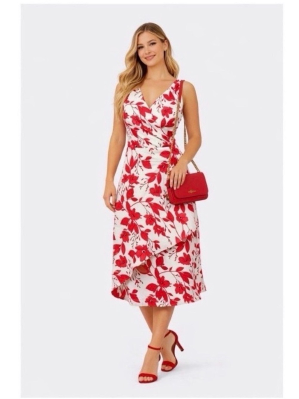 Banana Republic White Midi Dress with Red Floral Print